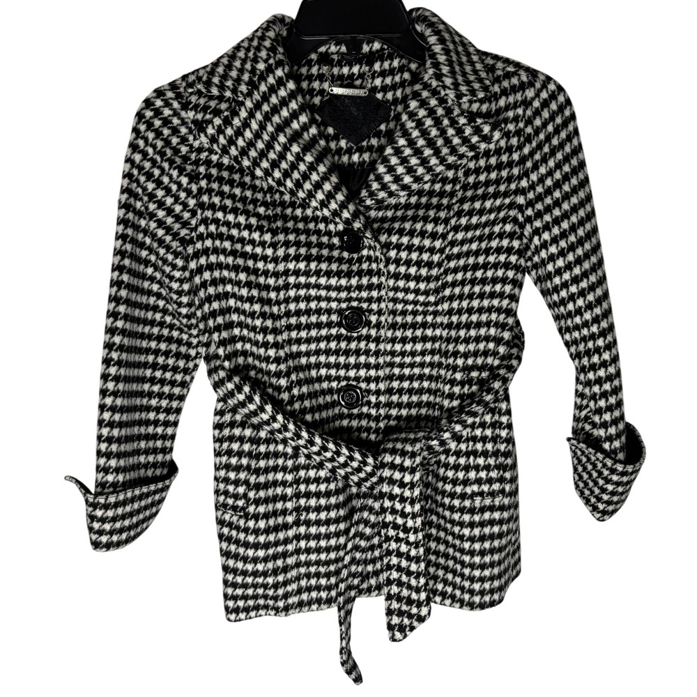JouJou Houndstooth Wool Blend Belted Pea Coat Kids Black White Patterned‎